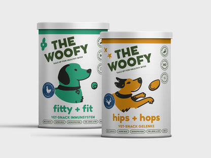 sparset rundum fit &amp; sorglos paket mit den veterinärmedizinisch entwickelten snacks fitty + fit und hips + hops